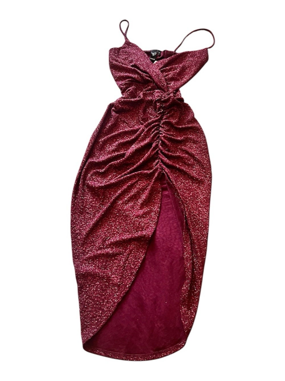 Women’s Glitter Ruched Wine Burgundy Evening Dress